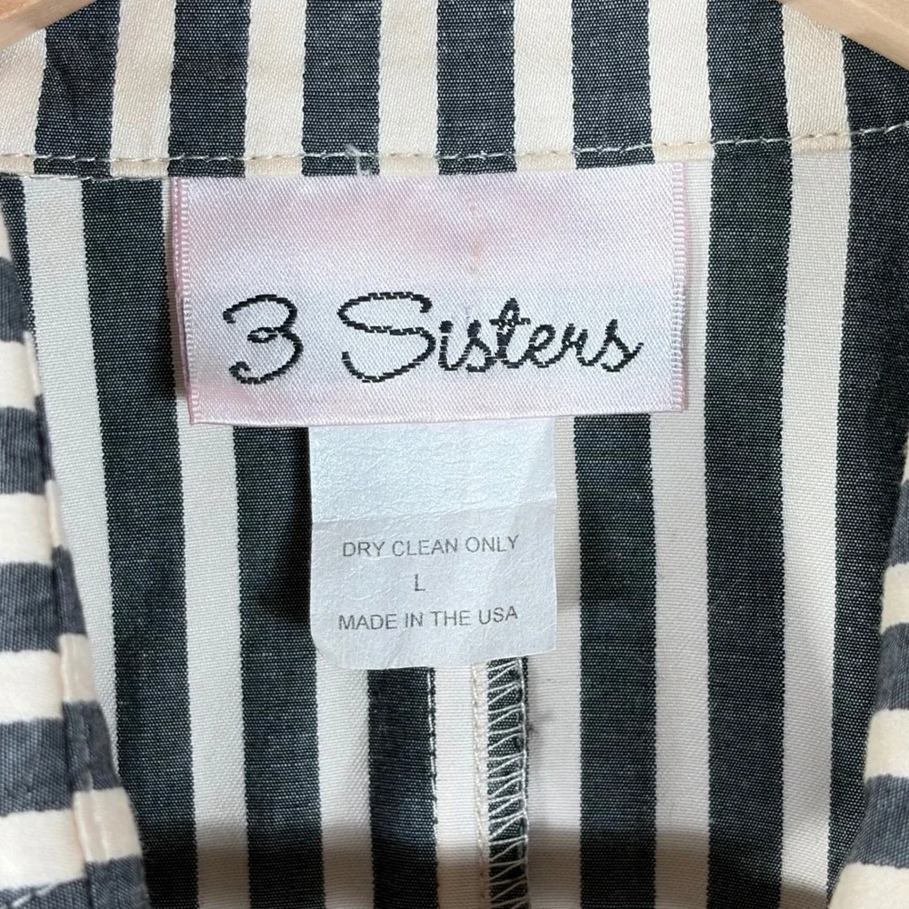 3 Sisters Black White Striped 100% Linen Tie Front Wrap Blouse Top L 3S539 USA